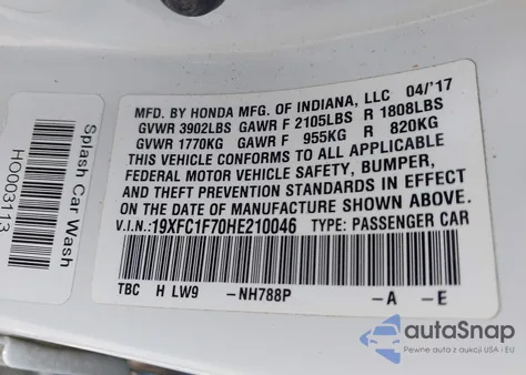 2017 Honda Civic Ex-L z USA, uszkodzony, nr VIN 19XFC1F70HE210046